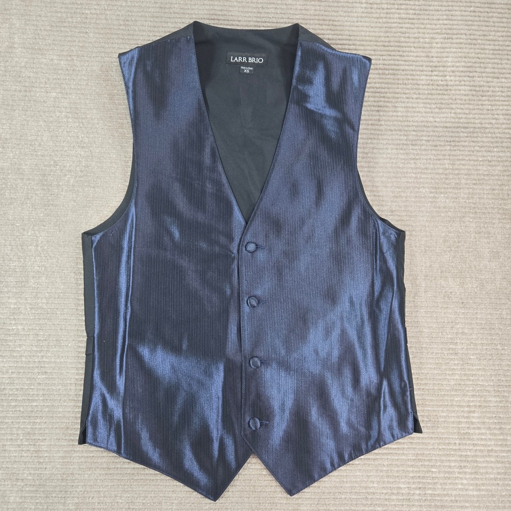 Larr Brio Mens XS Blue Metallic Ribbed Button Front Formal Tuxedo Waistcoat Vest